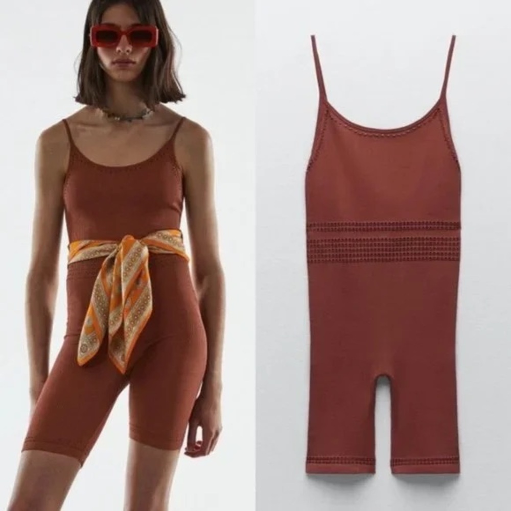 Zara Rust Brown Spaghetti-Strap Knit Jumpsuit Romper